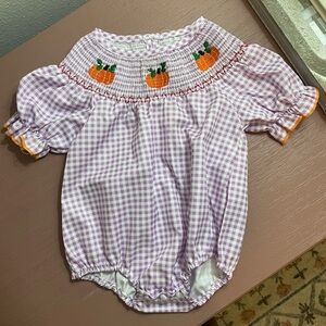 Purple Gingham smock with Pumpkin Embroidery